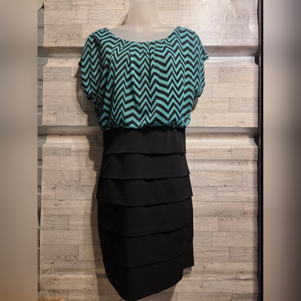 Enfocus Studio Teal Chevron Blouson Dress with Black Tiered Skirt